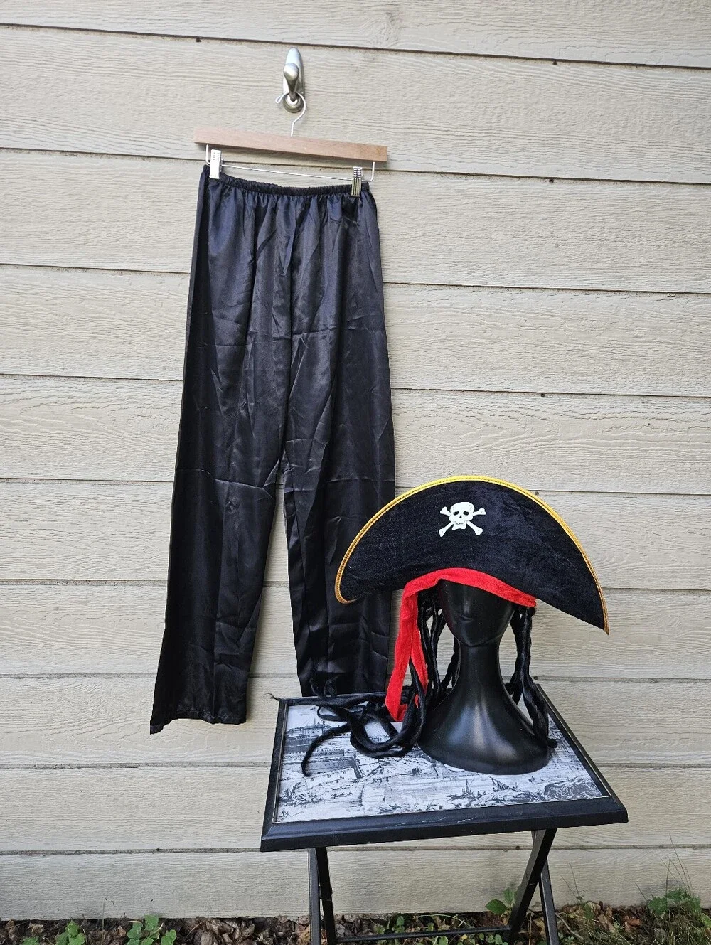 Hauntlook Pirate Hat with dreadlocks and black satin pants large